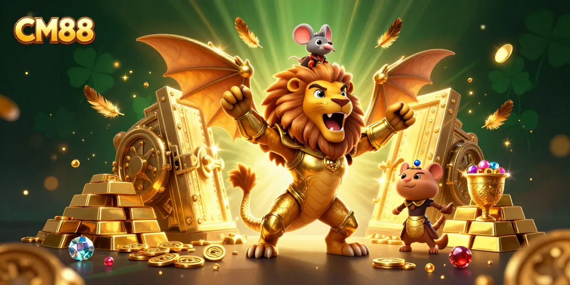CM88 features a chimera creature triumphantly revealing golden treasures in an exciting casino scene.