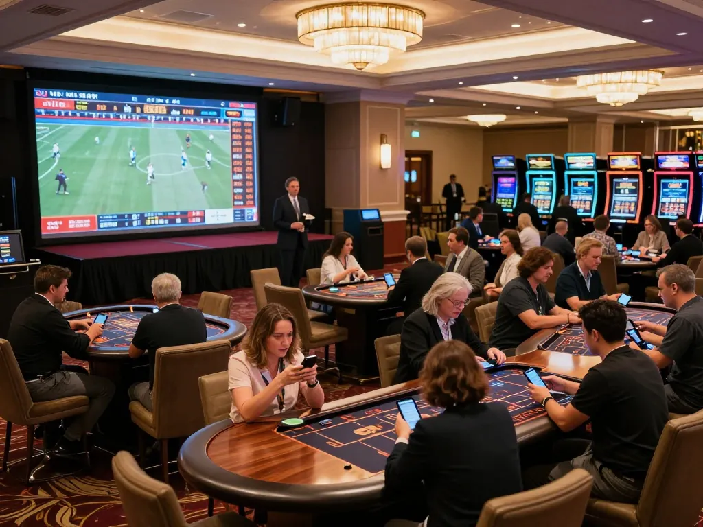 Daga live sports bettors engaging with mobile devices during a dynamic betting event.