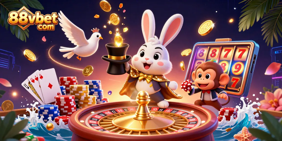 Experience the excitement of 88vbet com with a vibrant illustration of a magician rabbit, coins, and poker chips.