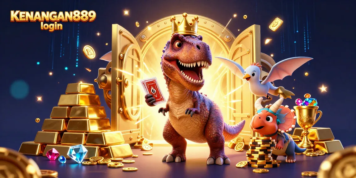 Engage with KENANGAN889 login through fun 3D dinosaur characters stacking chips and shuffling cards.
