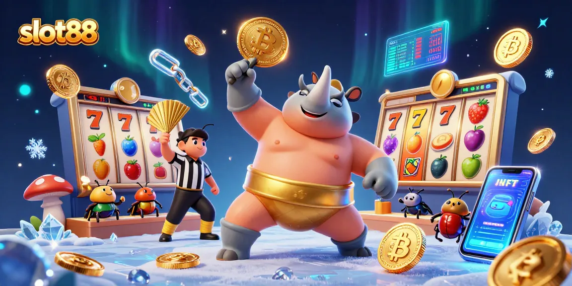 Experience the thrill of slot88 as a sumo beetle champion stomps coins, surrounded by slot reels and crypto elements.