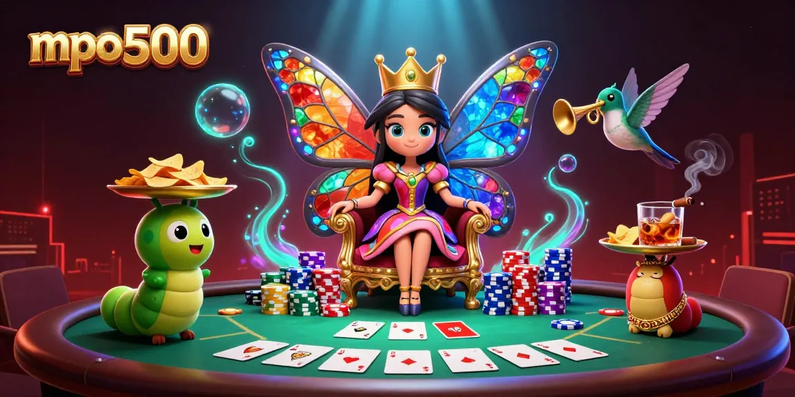 Engage with mpo500's vibrant casino scene featuring a butterfly queen, poker table, and colorful chips.