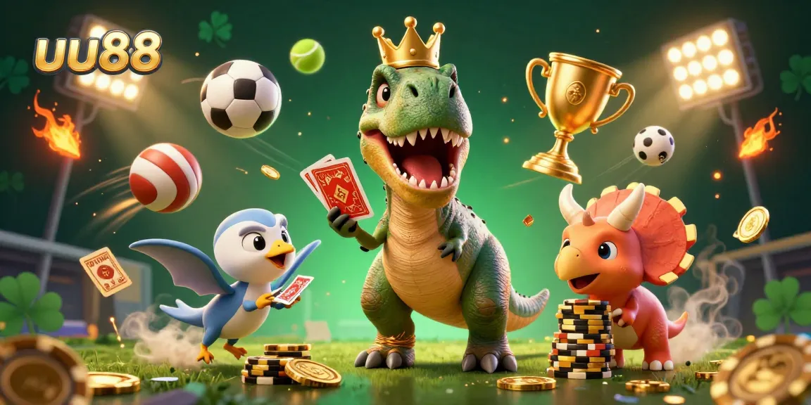 uu88 interactive casino scene featuring cartoon dinosaurs and dynamic sports elements