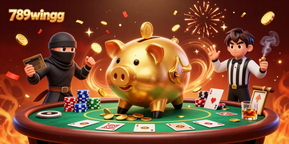 Engage with thrilling gaming action at 789wingg with a dynamic scene featuring a golden piggy bank and poker chips.