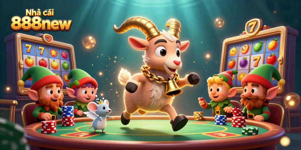 Engage with Nhà cái 888new in a lively casino scene featuring Krampus and mischievous gremlins.
