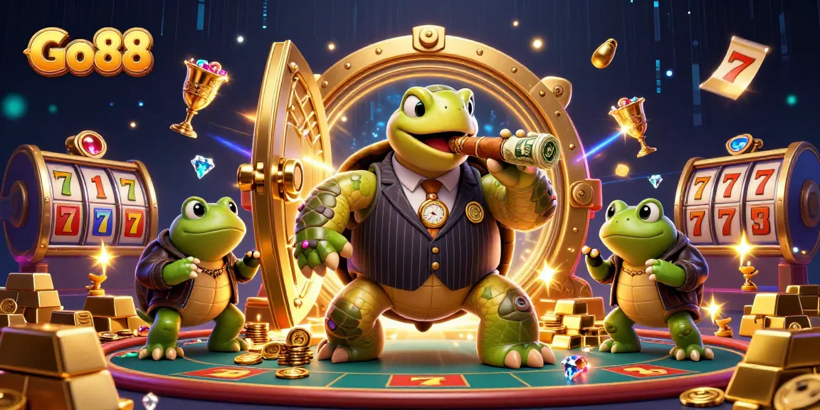 Experience the thrill of Go88 with a vibrant 3D casino scene featuring characters and slot games.