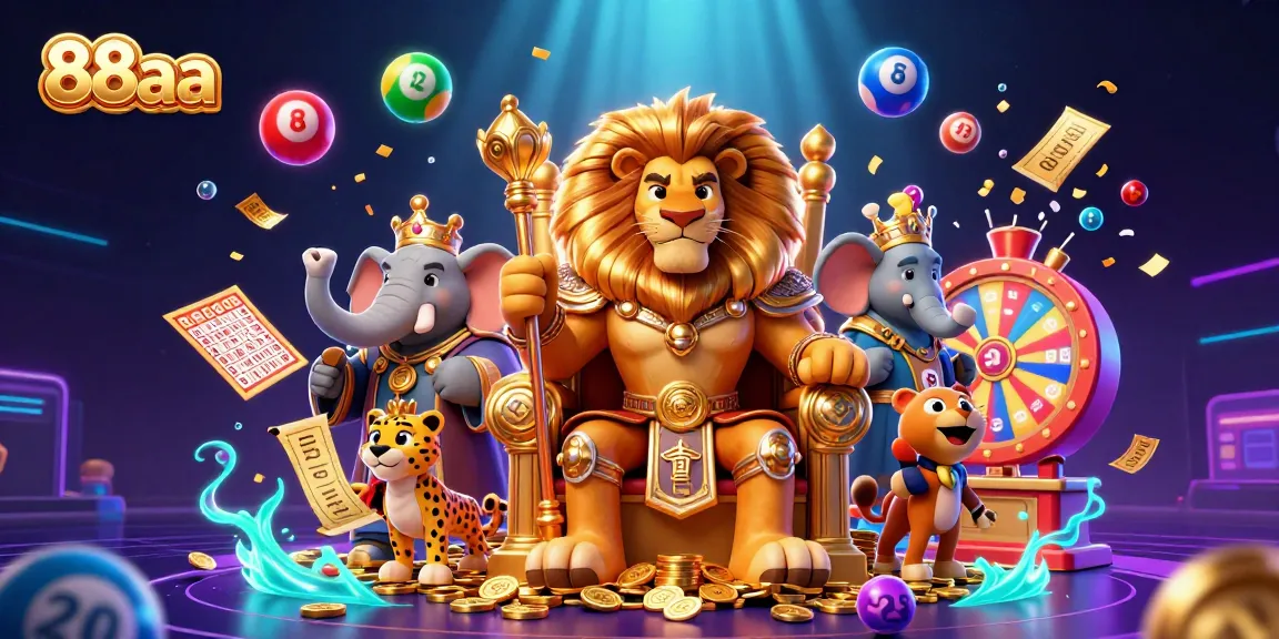 Experience the excitement of 88aa with vibrant casino elements including a lion king, bingo, and dynamic lottery balls.