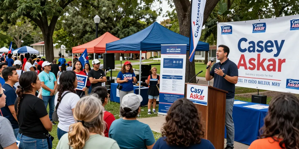 Community engagement event featuring Casey Askar speaking to voters amidst campaign signs and enthusiasm.